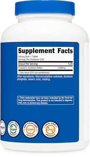 Image of Nutricost N-Acetyl L-Cysteine (NAC) 1000mg, 240 Vegan Tablets, Gluten-Free | Vegetarian Supplement, GMO-Free