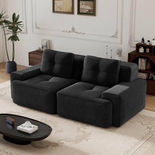 Image of 82 inch Modern Modular Boneless Couch for Living Room, 2 Seat, Soft Corduroy Fabric, Deep Seat Cloud sectional Sofa with Pearl Like Piping and Tufted Design, No Assembly, Anti Slip, Black