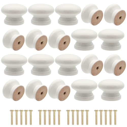 Cangder Wooden Cabinet Knobs 20Pcs White Dresser Wood Knobs Mushroom Vintage Wooden Dresser Drawer Knob Pulls Handles with Screws (Dia.:1.3 Height:1)