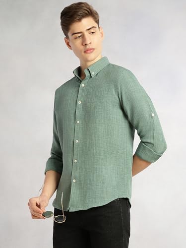 Image of Thomas Scott Men's | Solid | Textured Fabric | Full Sleeve | Slim Fit | Polyester-Blend | Spread Collar | Casual Shirt