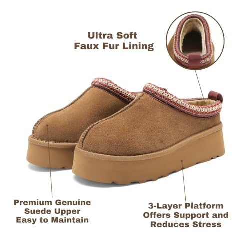 Women's Platform Slippers, Genuine Suede Warm Fleece Lined Anti-Slip Tazz Style for Indoor Outdoor (Black/Chestnut/Sand, US Women Size 6-9)2