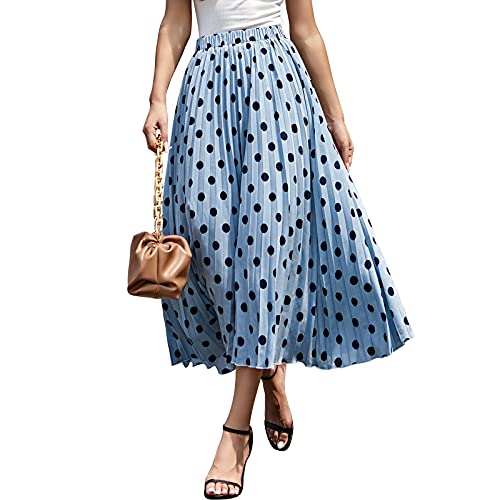 EXLURA Women's Pleated Skirt Polka Dot Elastic High Waist A-Line Midi Swing Skirt Blue