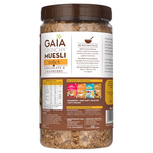 Image of Gaia Crunchy Millet Muesli | Chocolate & Cranberry | Source of Protein | High in Dietary Fibre | Zero Trans-Fat | Zero Cholesterol | For Weight Loss 1kg
