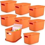 Hoolerry 8 Pieces Colorful Storage Bins with Lid, Plastic Storage Basket Organizing Container Stackable Box with Handle for Shelves Desktop Playroom Office(10.2 x 7 x 6.3 Inch,Orange)