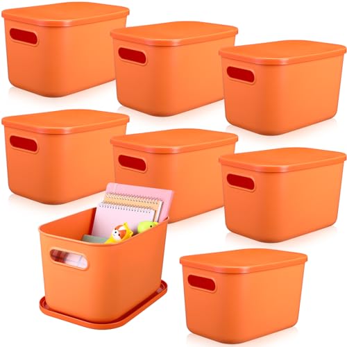 Hoolerry 8 Pieces Colorful Storage Bins with Lid Plastic Storage Basket Organizing Container Stackable Box with Handle for Shelves Desktop Playroom Office(10.2 x 7 x 6.3 Inch Orange)