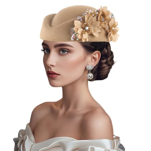 YPLOJOUO Women Vintage Church Hats Crystal Flower Applique Felt Pillbox Hats Fascinator Tea Party Caps (Z1-Khaki ONE Size)