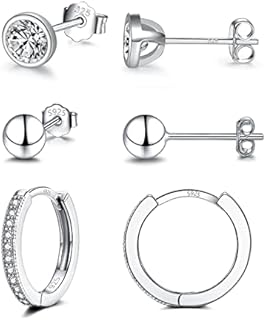 SAKUNALA 925 Sterling Silver Stud Earrings for Women Girls, Solid Silver Hoop Earrings and Stud Earrings Set, Small Cubic Zirconia Sleeper Stud Earrings Set, Earrings Set for Multiple Piercings