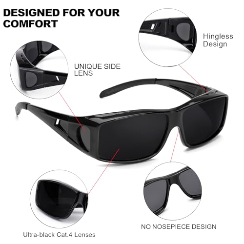 Image of IGnaef Dark Cat.4 Fit Over Sunglasses for Men Women, Polarized Wrap Around Shade to Wear Over Glasses UV Protection