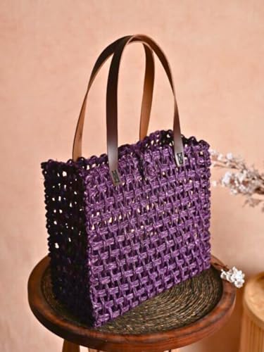Image of KADAM HAAT Handwoven Sabai Grass Lunch Bag | Eco-Friendly Natural Woven Tote for Office, School & Picnic | Sustainable Artisan Handmade Bag for Women (Lavender)