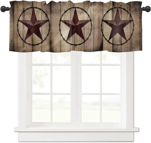 Western Texas Stars Curtains Valance for Kitchen Windows,Texas Stars Farm Barn Short Curtains & Drapes Rod Pocket，Rustic Wooden Valance for Bedroom Living Room Curtain Over Sink 54x18in,1Panel