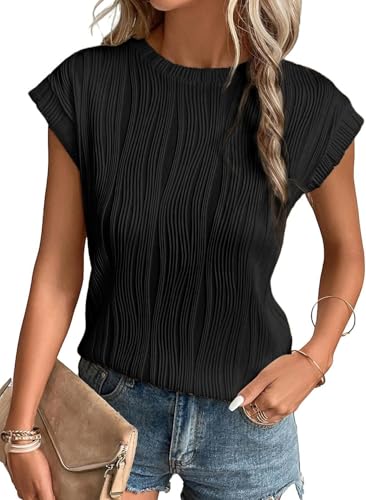 T-shirt d'été à col rond TrendiMax noir taille L pour femme au style décontracté