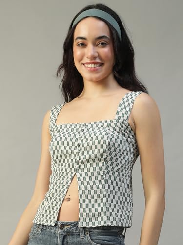 Image of oxolloxo Women Printed Top with Square Neck, Smocked Back, Shoulder Straps, Button Fly and Front Slit in Soft Poly Seersucker Dobby Fabric
