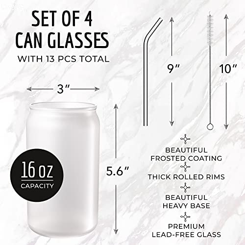 Lunnix Drinking Glasses With Lids And Glass Straw 4Pcs Set - 16Oz Can Shaped Glass Cups, Beer Glasses, Iced Coffee Glasses, Cute Tumbler Cup, Ideal For Cocktail, Whiskey, Gift, Tea - 1 Cleaning Brush #TOP1