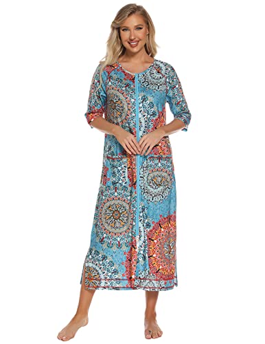 Image of Veseacky Women Robe Zipper Front House Coat 3 /4 Sleeve Nightgown Full Length Ladies Lounge Dress with Pockets S-XXL