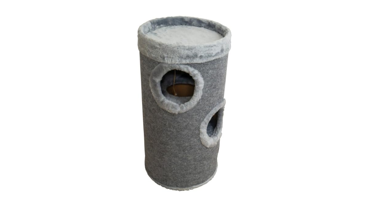 DIP-MAR - Kratztonne - 70cm hoch, Grau | 3 Ebenen, Flauschige Bälle zum Spielen | Katzentonne, Katzen Kratztonne, Kratztonnen für Katzen