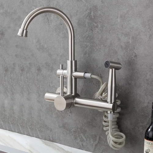 Robinet de cuisine mural en acier inoxydable 304 brossé avec pistolet de pulvérisation