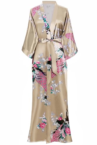 BABEYOND Women's Kimono Robe Long Robes with Peacock and Blossoms Printed Kimono Nightgown, Champagne, One size