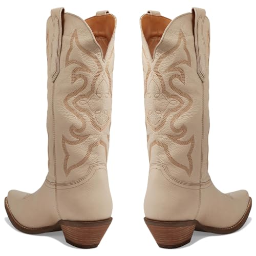 Image of LEHOOR Cowboy Boots Women Embroidered Mid Calf Western Boots Stacked Low Heel Pointed Toe Pull On Cowgirl Boot 4-11 M US