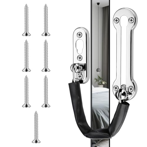 Door Chain with Leather Case Security Lock SUS304 Stainless Steel Extra-Thick Heavy Duty Front Door Restrictor Limiter Safety Guard Chain with Spring for Home Apartment Wooden/UPVC Doors (Silver)