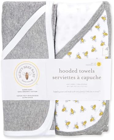 Burt's Bees Baby Infant Single Ply Hooded Towel, 100% Organic Cotton, Honey Bee Cloud, 2 Pack