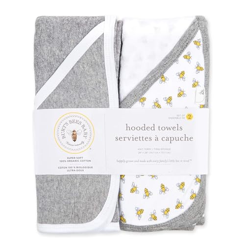 Burt's Bees Baby Infant Single Ply Hooded Towel, 100% Organic Cotton, Honey Bee Cloud, 2 Pack