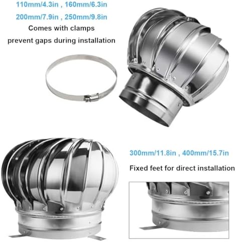 Round Roof Stainless Steel Wind Turbines Cap Vent, Air Vent Outlet Roof Ventilator, Exhaust Cap Roof Flue Vent, Automatic Rotation by Wind/air Flow No Consumption, 4 8 10 12 Inch