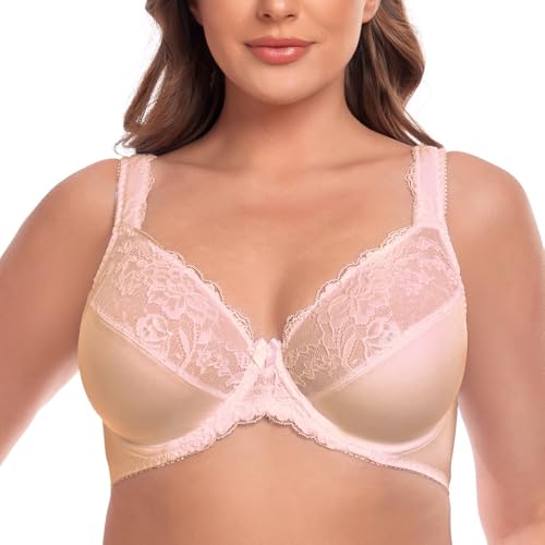 Women's Plus Size Full Coverage Lace Bra Underwire Non Padded Push up Bralette 52D Beige