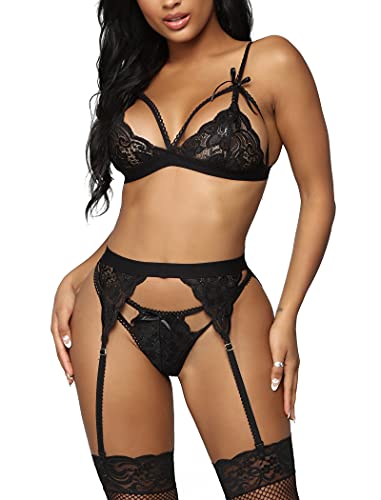 wearella Women Lace Lingerie Set with Garter Belt Strap Bra and Panty Babydoll(No stockings) Black