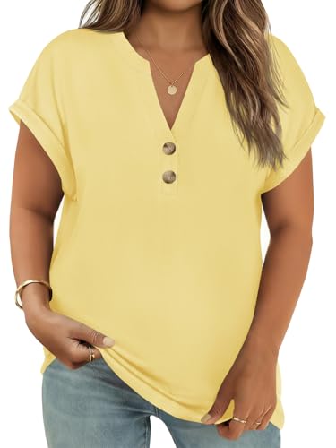 Beautife Womens Plus Size Short Sleeve Henley Tops Summer Button V Neck Blouses 2026 Dressy Casual Loose T Shirts Light Yellow