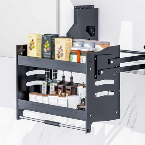 XLTFUC Pull-Down Cabinet Organizer, 2-Tier Kitchen Cabinet Pull-Down Shelves Space Saver Board 3 Load-Bearing Settings, Load-Bearing 30kg(710x280x540mm)