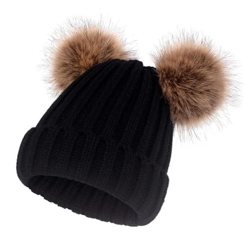 SERENYOU Winter Hat for Women Knit Warm Beanie with 2 Pom Snow Outdoor Cap Faux Fur Pompom Ears Black