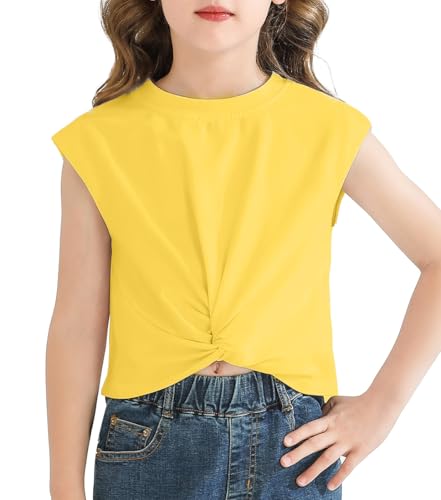 Image of Girls Twist Front Tunic T-Shirt Cute Short Sleeve Tees Summer Blouse for Girls 5-14 Years Yellow