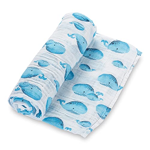 Image of LollyBanks Muslin Swaddle Blanket, 100% Muslin Cotton Swaddles for Baby Boys Breathable and Lightweight, 47 X 47 Inches Newborn Receiving Blanket for Boys, Baby Essential, Registry (Whale Print)