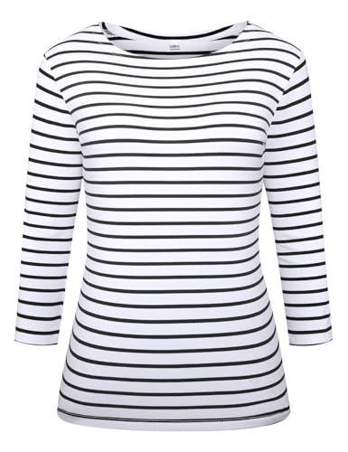 LilyCoco Womens 3/4 Length Sleeve Tops Striped Boatneck Shirt Breton French Cotton Tees2