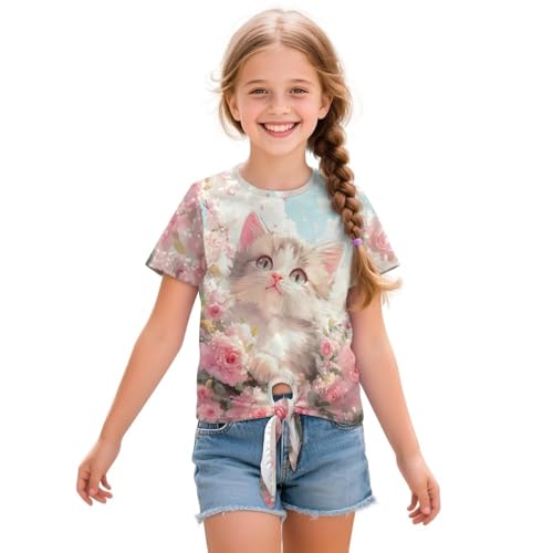 WELLFLYHOM Girls Tee Shirt 5-12 Short Sleeve Summer Top Front Tie Tshirt Crewneck Pullover Blouse Graphic Tunic Top