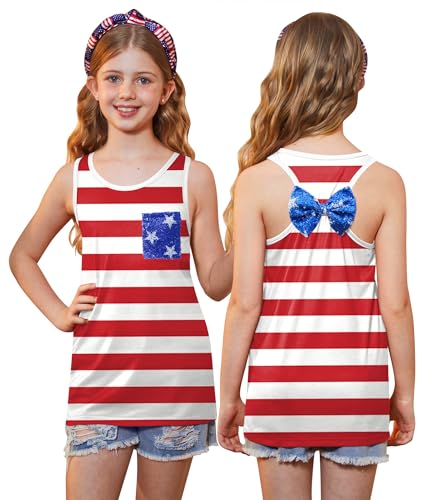 Image of 4th of July Girls Flag Tank Top Back Bow Sleeveless Patriotic Holidays T-Shirt 4-14 Years