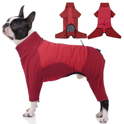 Image of BRKURLEG Full Body Dog Winter Coat Warm Fleece Pullover Pajamas, Four Legs Covered Windproof Dog Jacket for Small to Large Dogs, Turtleneck Dogs Snowsuit, Pet Cold Weather Clothes, Red S