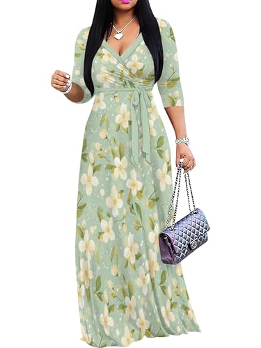 Image of PinkPatty Plus Size Maxi Dresses for Women Casual Flowy Long Dress 3 /4 Sleeve V Neck Wrap Dress with Belt