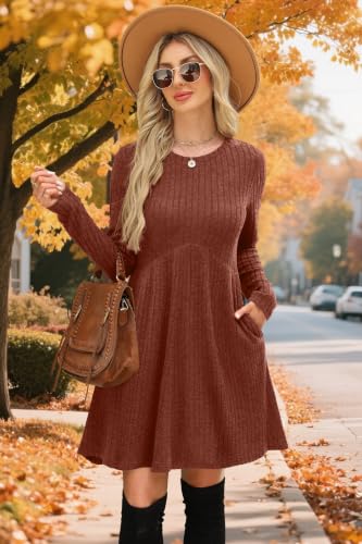 Image of OFEEFAN Long Sleeve Dress for Women Crew Neck Empire Waist Tunic Dress with Pockets