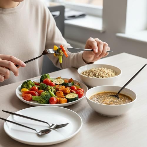 Image of 5 Pcs Black Cutlery Set for Dining Table the Perfect Lightweight Silim Handle Tableware Including Dinner Spoon, Dinner Fork, Dinner Knife, Dessert Spoon & Dessert Fork