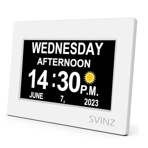 SVINZ Dementia Clock for Seniors, Large Number Digital Calendar Clock with Date and Day of Week for Elderly Alzheimer, 20 Custom Alarms and Tags (White)