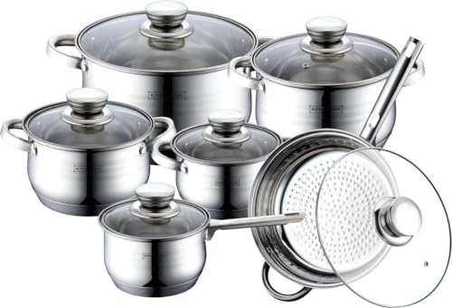 ROYALTY LINE, Ensemble de 12 pièces, Batterie de Cuisine en acier inoxydable, poêle à frire ø 24 cm, casseroles ø 16, 18, 20, 24 cm avec couvercles en...
