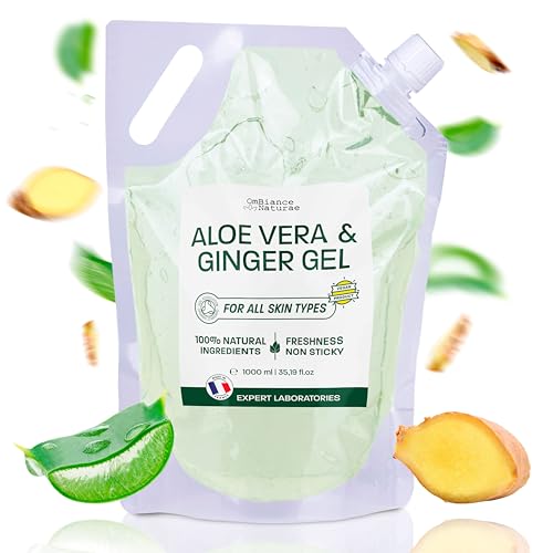 Gel de Aloe Vera & Jengibre – Hidratante y Reafirmante Natural – Con Aloe Fresco Ecológico de España – Uso Facial, Corporal y Capilar – Post-Solar, Piernas Cansadas, After Shave (1000 ml)