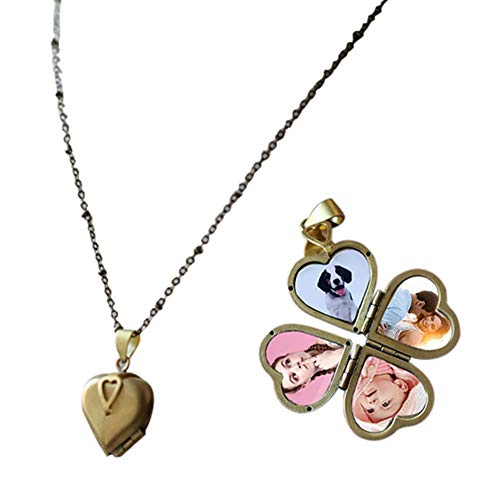 SShuangxu Personalized Heart Locket Necklace That Holds 4 Pictures Memory Photo Heart Necklace Opened Shape Four-Leaf Clover Necklace Custom Any Photo Text&Symbols