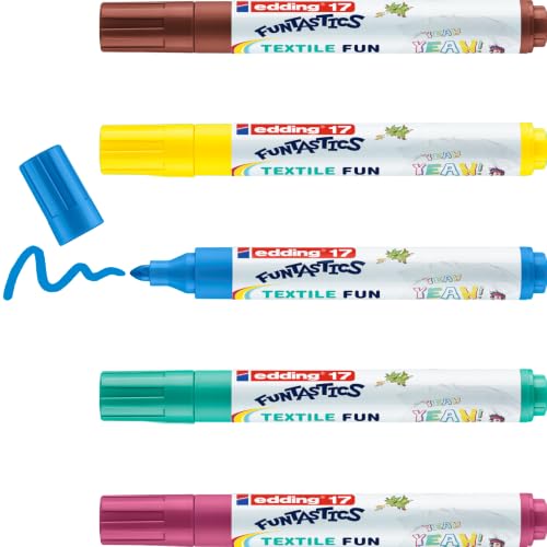 edding 17 FUNTASTICS TEXTILE FUN textielmarkers voor kinderen - geel, bruin, blauw, rood, groen - 5 stiften - ronde punt 2-3 mm - textielstiften wasmachinebestendig (60 °C) voor het tekenen op kleding