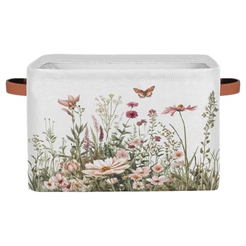 Image of Spring Wildflowers Storage Baskets for Organizing, Fabric Collapsible Storage Bins Box Plants Floral Decorative Toy Organizer Baskets for Closet Shelves Gift Basket 1 Pc