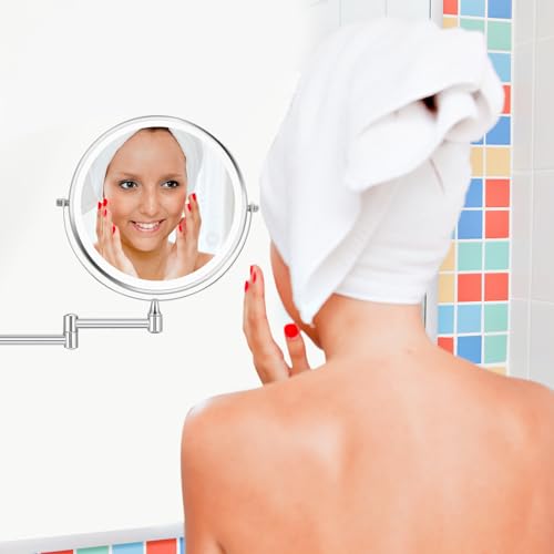 ZLOKLA Rechargeable 8 inch Round Wall Mounted Lighted Makeup Mirror 1X/10X Magnifying LED with 3 Color Lights Touch Screen Dimmable 360° Swivel Extendable Bathroom Mirror Shaving Mirror