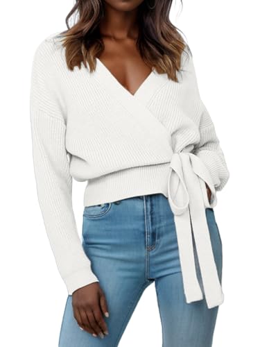 Womens Fall Sweaters 2025 Womens Casual V Neck Wrap Sweater Pullovers Lightweight Ribbed Drop Shoulder Knitted Warm Cozy Tops