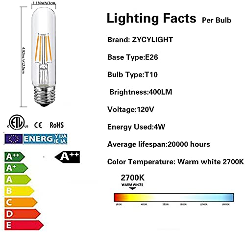 T10 Led Bulb, 4W Tubular Led Bulb, Dimmable Led Edison Bulb,Led Filament Bulb, T10 Nostalgic Led Bulb, E26 Medium Base, 40 Watt Bulb Equivalent, 2700K Warm White,400Lm, 3 Pack #TOP1