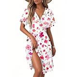 Vestido Mujer Casual Vestido Invitada Boda Vestidos Ibicencos Blanco Estampado Cuello En V Mangas Cortas Vestidos Playa Oscilante Midi Forma A Fiesta Voluminoso Boho De Vacaciones Fiesta